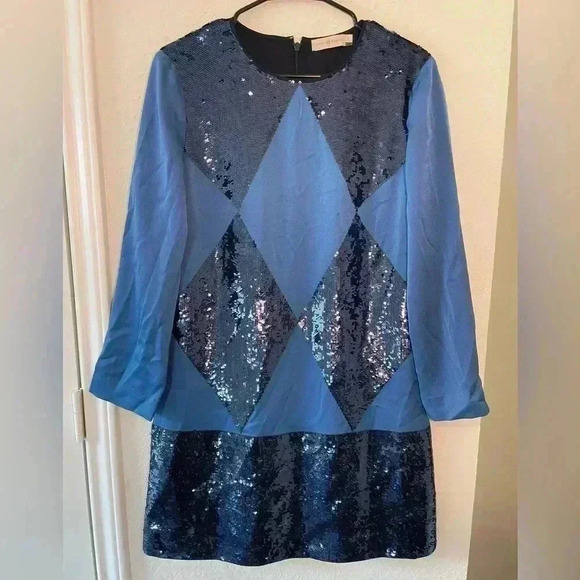 Tory Burch Lantilly Evening Mini Dress Blue Sequin Shift Womens Size 8 - Picture 1 of 5